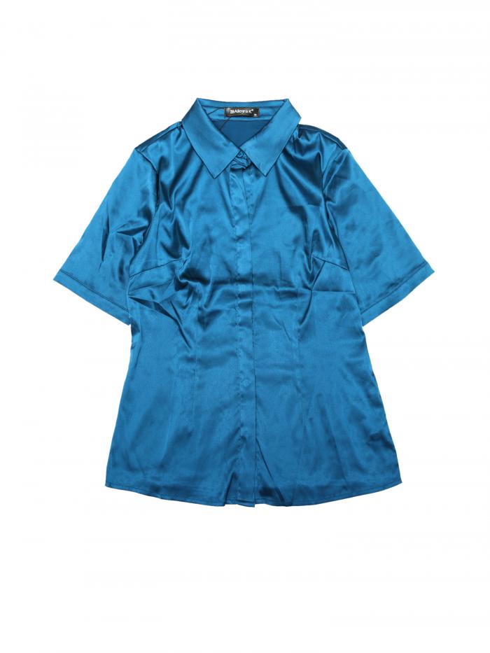Allegra K ビジネスシャツ 半袖トップス 光沢ブラウス カジュアル 夏 サテン ボタンダウン レディース ピーコックブルー S