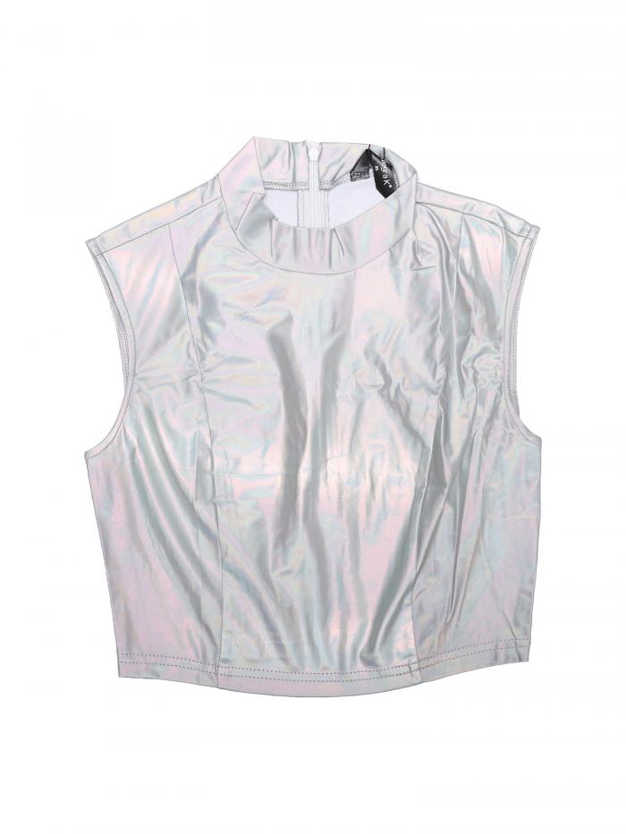 Allegra K ノースリーブトップス クロップ キャミソール シャイニー ベスト メタリック パーティー レディース シルバー L