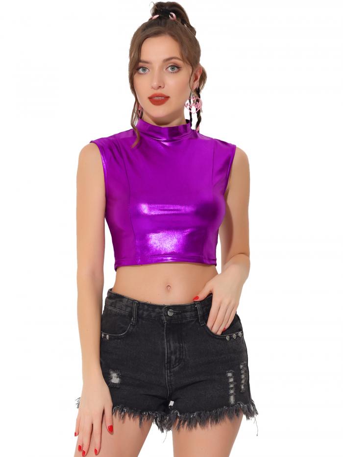 Allegra K ノースリーブトップス クロップ キャミソール シャイニー ベスト メタリック パーティー レディース パープル S