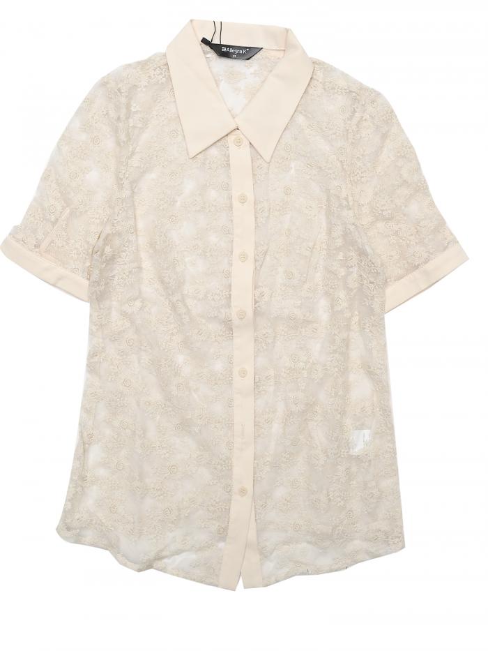 Allegra K 花柄ブラウス レースシャツ 半袖トップス 折り襟 セミシアー ボタンダウン レディース ベージュ XS