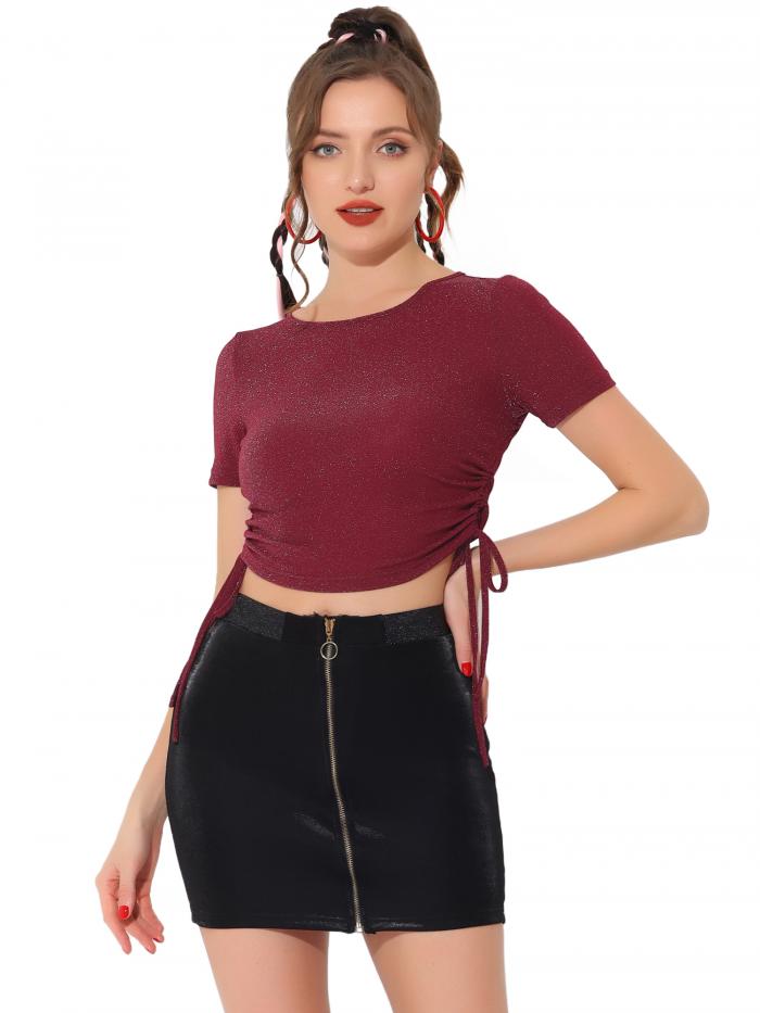 Allegra K クロップ トップス Tシャツ カットソー グリッター ドローストリング サイド ストレッチ レディース ワインレッド XS