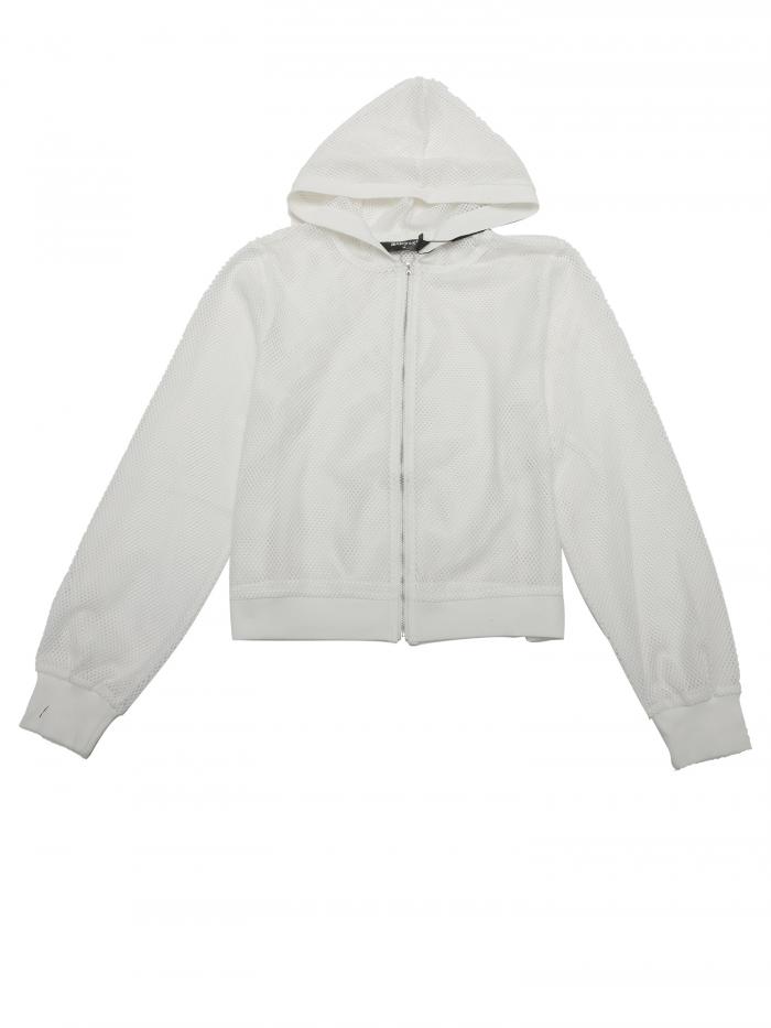 Allegra K 長袖ジャケット パーカー 無地 ジップアップ メッシュ シアー 通気性 ボンバー レディース ホワイト L