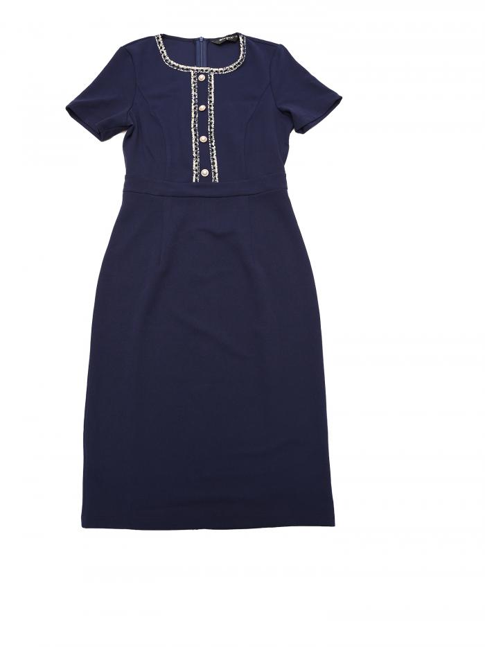 Allegra K ワンピース ボディコン ドレス ワーク ビジネス 半袖 ラウンドネック カラーブロック レディース ネイビーブルー L