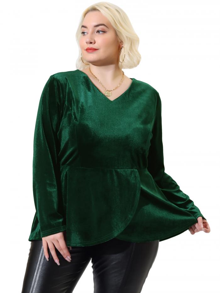 Agnes Orinda プラスサイズ トップス V ネック 長袖 ベルベット フリル レディース ダックグリーン XL