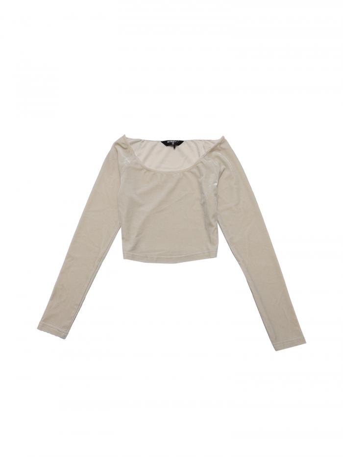 Allegra K ベルベット ロングスリーブ オフショルダー ソリッド クロップトップス レディース ベージュ M