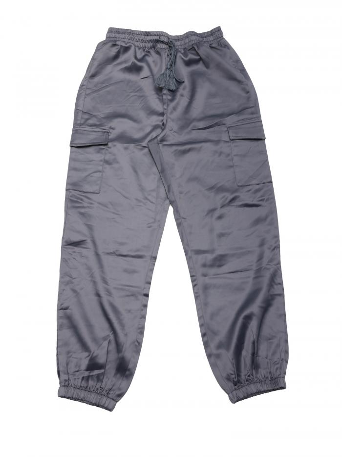 Allegra K サテン カーゴパンツ ハイライズ シルキー ドローストリングエラスティック レディース グレー XL