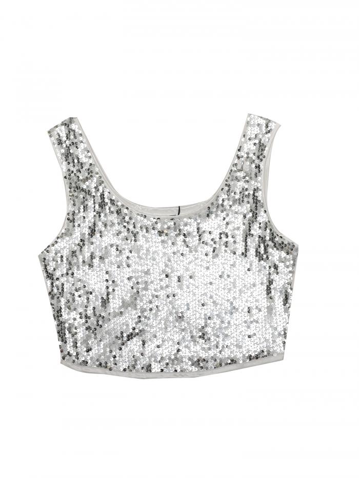 Allegra K クリスマス クロップタンクトップ 衣装 ノースリーブ クラブウェア メタリック スパンコール ラウンドネック レディース シルバー XS