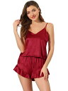 cheibear パジャマセット サテン ルームウェア キャミトップスとショーツ ランジェリー レディース レッド XS