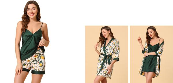 cheibear パジャマセット ローブ シルク キャミ トップ ナイトドレス 花柄 サテンセット レディース 緑 XS