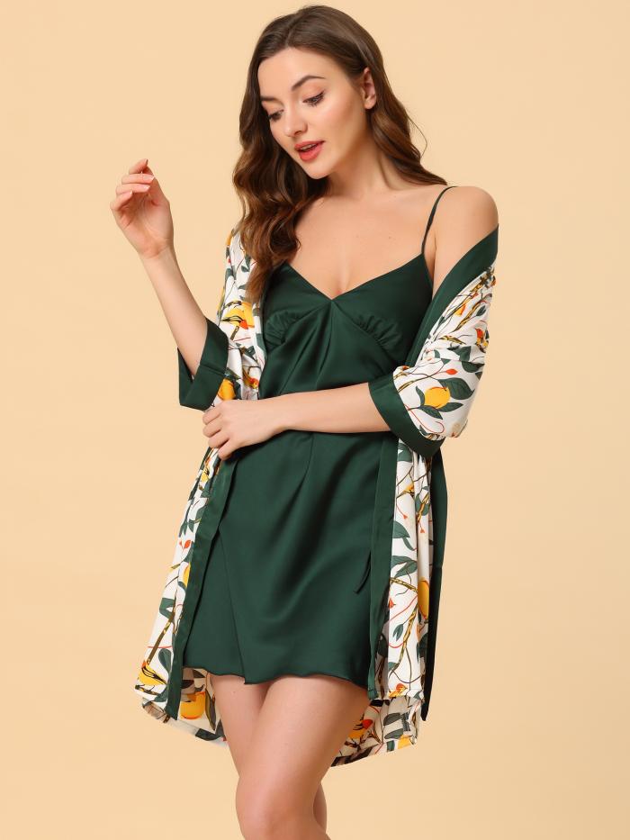 cheibear パジャマセット ローブ シルク キャミ トップ ナイトドレス 花柄 サテンセット レディース 緑 XS