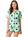 cheibear パジャマセット サテン ナイトウェア ラウンジパジャマ Tシャツとショーツ 2ピース レディース グリーン M