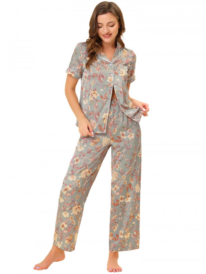 cheibear パジャマセット シルク 半袖 トップス ロングパンツ 花柄 サテン レディース グレー S
