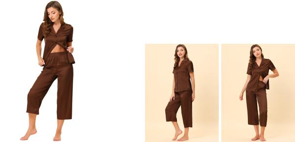 cheibear パジャマ ルームウェア トップスとカプリパンツ 半袖 無地 サテン セット レディース ブラウン XS