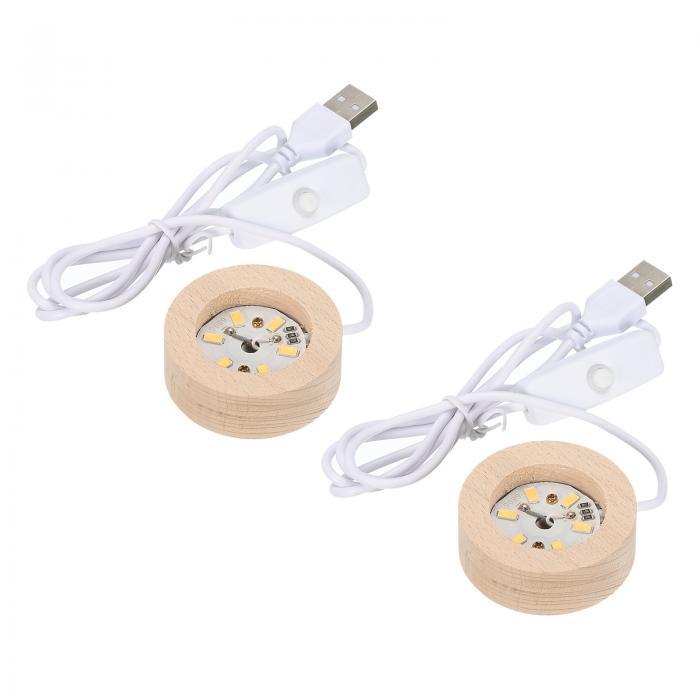 uxcell LED 木製ボールスタンド ディスプレイホルダーベース 6x2cm 原木イト ラウンド USB スイッチ クリスタルボールストーン用 2個入り