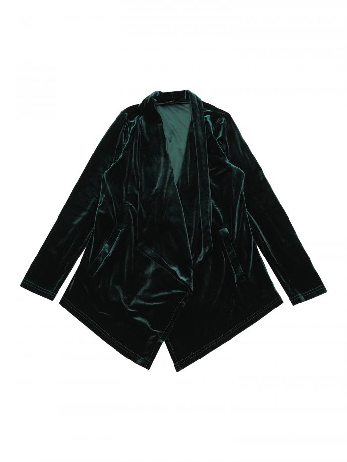 Allegra K カーディガン ショールカラー オープンフロント ベルベット ポケット付き レディース グリーン XS