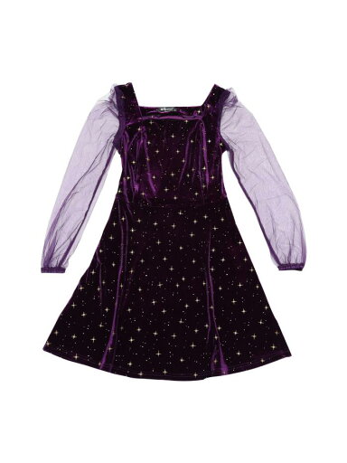 Allegra K ミニワンピース 星柄 メッシュシアー パフ長袖 スクエアネック ベルベット シャイニー ショート丈 レディース パープル XL Allegra K ミニワンピース 星柄 メッシュシアー パフ長袖 スクエアネック ベルベット シャイニー ショート丈 レディース パープル XL