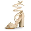 Allegra K レースアップ サンダル シューズ 十字形フロント ブロックヒール レディース ベージュ 26.0 cm(4)