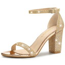 Allegra K アンクルストラップサンダル 光沢 チャンキーヒール 夏 シューズ レディース 金 25.0cm