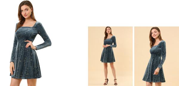 Allegra K ベルベット ワンピース 衣装 ミニ クリスマス パーティードレス スター 星柄 スクエアネック 長袖 レディース グレー XL