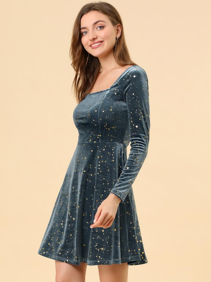 Allegra K ベルベット ワンピース 衣装 ミニ クリスマス パーティードレス スター 星柄 スクエアネック 長袖 レディース グレー XL