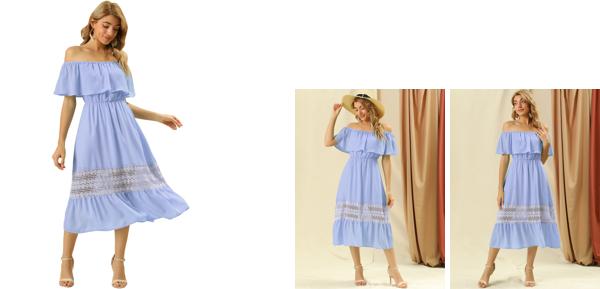 Allegra K マキシドレス ワンピース オフショルダー フリルレース ハイウエスト フラッタースリーブ レディース ライトブルー M