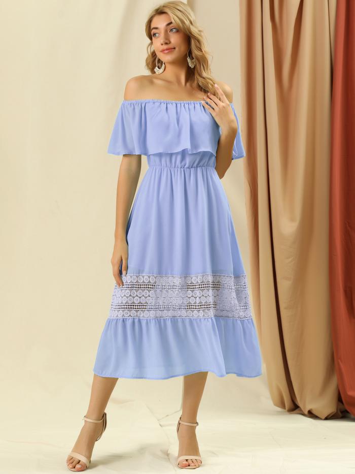 Allegra K マキシドレス ワンピース オフショルダー フリルレース ハイウエスト フラッタースリーブ レディース ライトブルー M