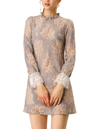 Allegra K 花柄 レース ワンピース かぎ針編み シースルー ミニ丈 クルーネック 長袖 レディース グレーピンク色 XL Allegra K 花柄 レース ワンピース かぎ針編み シースルー ミニ丈 クルーネック 長袖 レディース グレーピンク色 XL