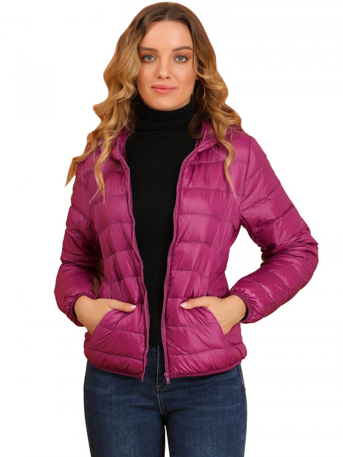 Allegra K フード付き 軽量 ジャケット収納可能 長袖ジップアップ レディース ホトピンク M