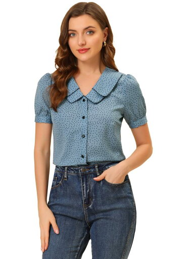 Allegra K 水玉 シャツ トップス 丸襟 パフスリーブ 半袖 ヴィンテージ レディース ブルー XL Allegra K 水玉 シャツ トップス 丸襟 パフスリーブ 半袖 ヴィンテージ レディース ブルー XL