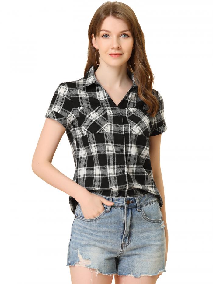 Allegra K 赤チェックシャツ 半袖 フランネル レディース ボタンダウン カジュアル 夏 ブラック XL
