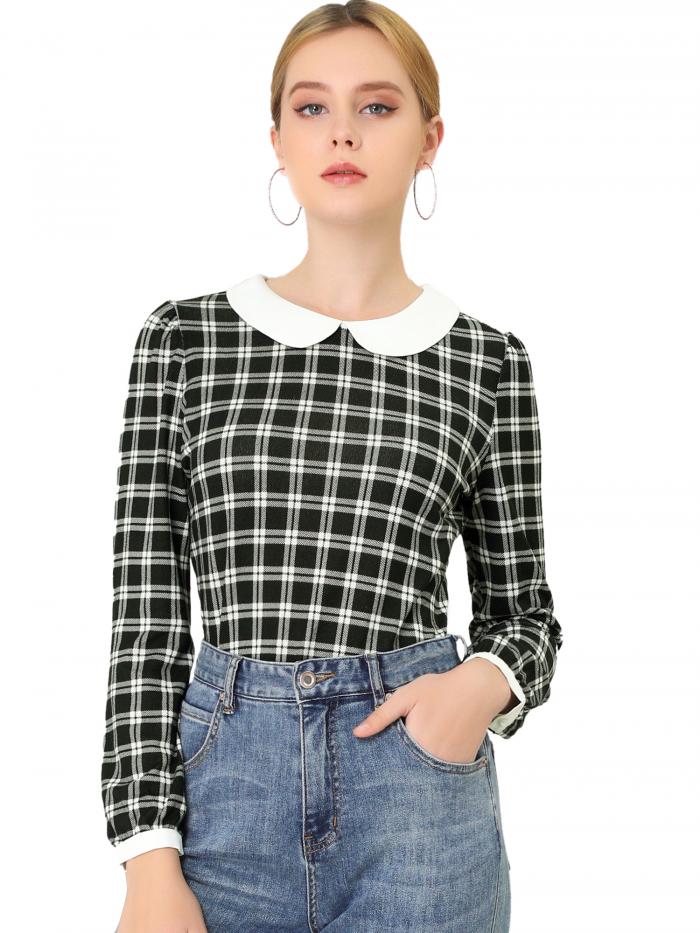 Allegra K ハロウィン衣装 チェック柄 丸襟 ブラウス シャツ パフスリーブ 長袖 丸首 レディース ブラック S