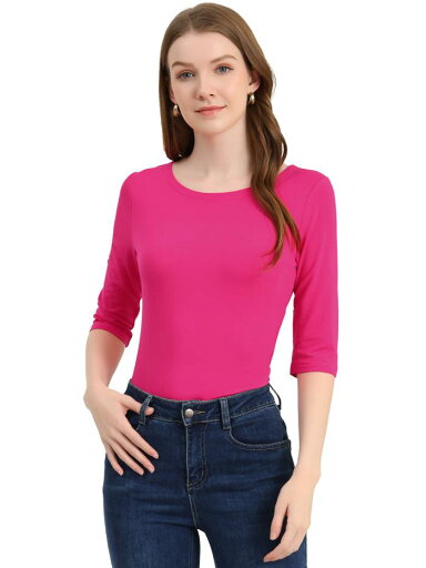 Allegra K スリム Tシャツ ハーフスリーブ ラウンドネック 丸首 無地 レディース ローズレッド L Allegra K スリム Tシャツ ハーフスリーブ ラウンドネック 丸首 無地 レディース ローズレッド L