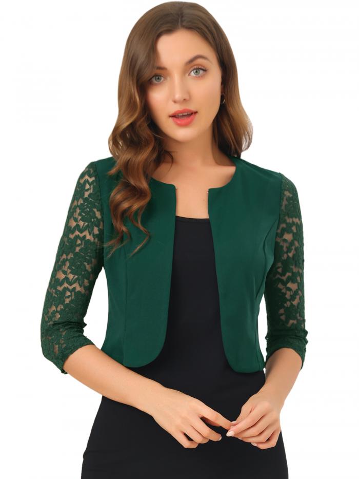 Allegra K ボレロ カーディガン 七分袖 丸首 シアー レース シュラグ エレガント レディース ダークグリーン M