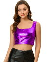 Allegra K メタリック クロップトップ 光沢 タンクトップ Uネック ノースリーブ パーティー クラブ レディース パープル L