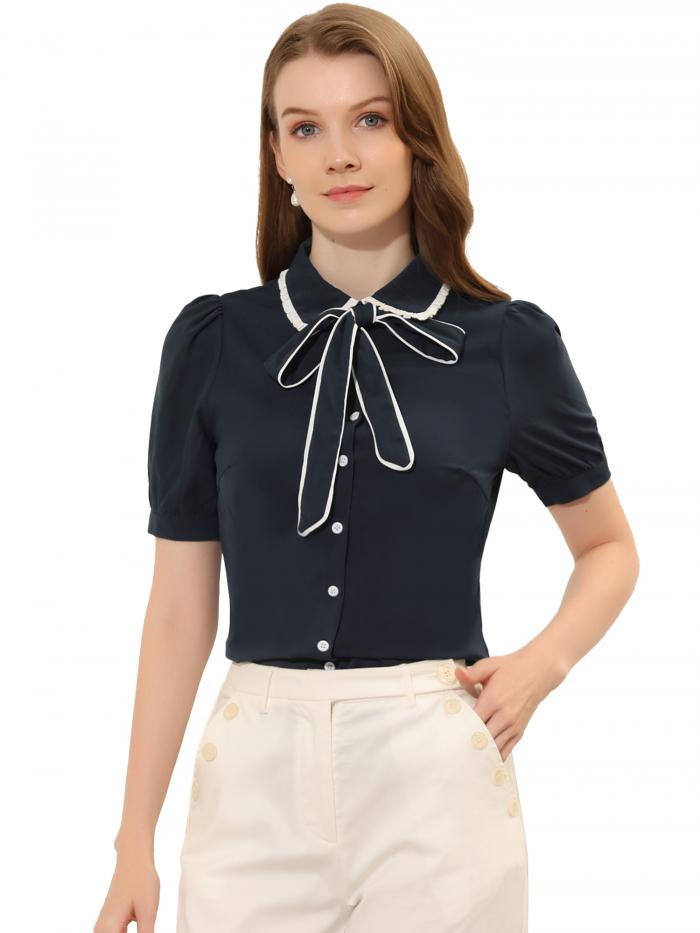 Allegra K ボウタイ シャツ ブラウス コントラスト パフスリーブ 半袖 ボタン留め ネクタイネック レディース ダークブルー XS