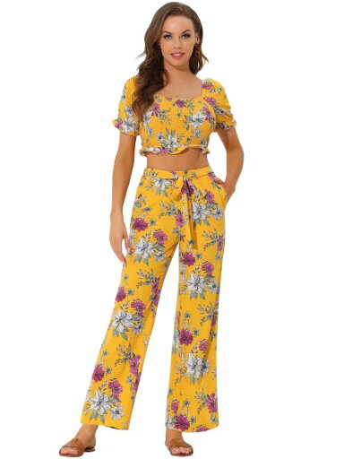 Allegra K ワイドパンツ トップス 2点セット スモッククロップトップ 花柄 ツーピース スクエアネック ネクタイウエスト レディース イエロー XL Allegra K ワイドパンツ トップス 2点セット スモッククロップトップ 花柄 ツーピース スクエアネック ネクタイウエスト レディース イエロー XL