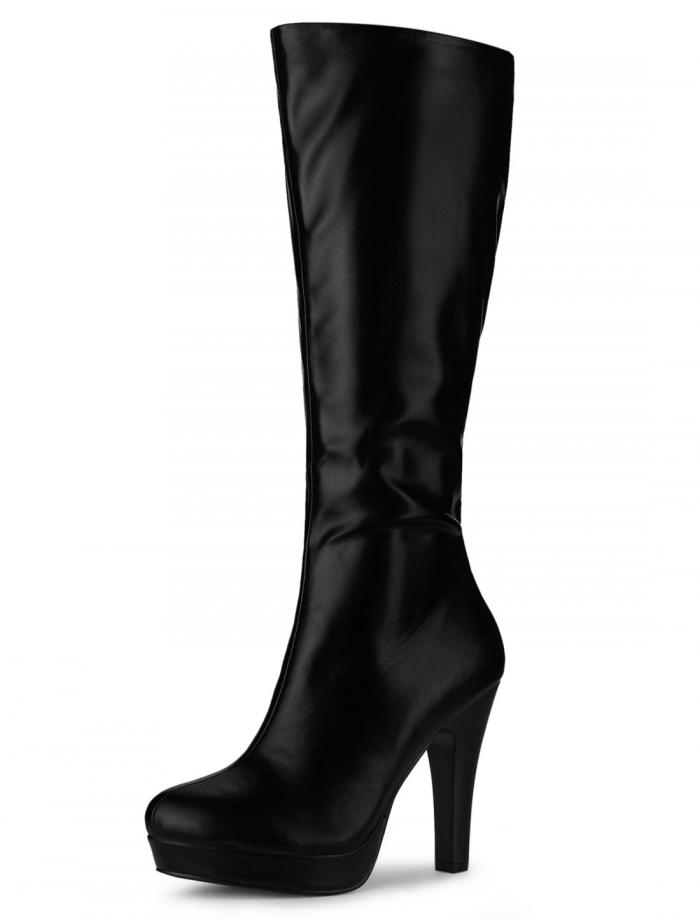 Allegra K ニーハイブーツ チャンキーヒール ラウンドトゥ プラットフォーム レディース ブラック 27.5cm