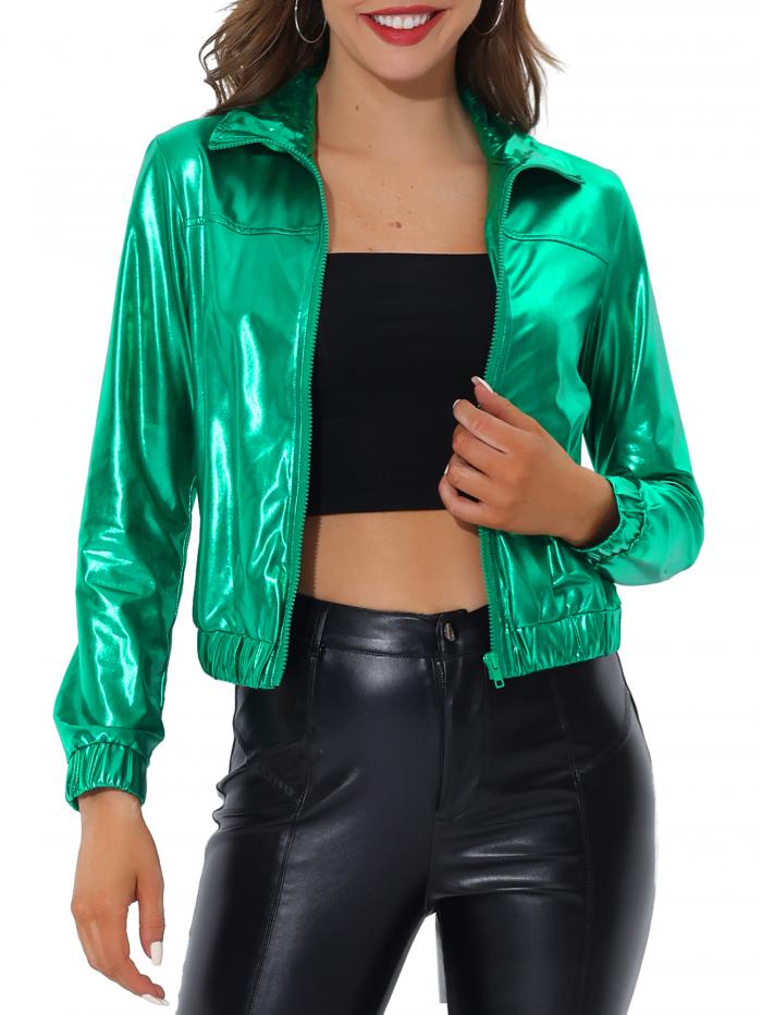 Allegra K トラックジャケット メタリックジャケット ジップフロント シャイニー 長袖 レディース グリーン M