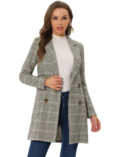 Allegra K チェックコート ロングブレザー ノッチドラペル ダブルブレスト ポケット付き レディース ベージュ XL Allegra K チェックコート ロングブレザー ノッチドラペル ダブルブレスト ポケット付き レディース ベージュ XL
