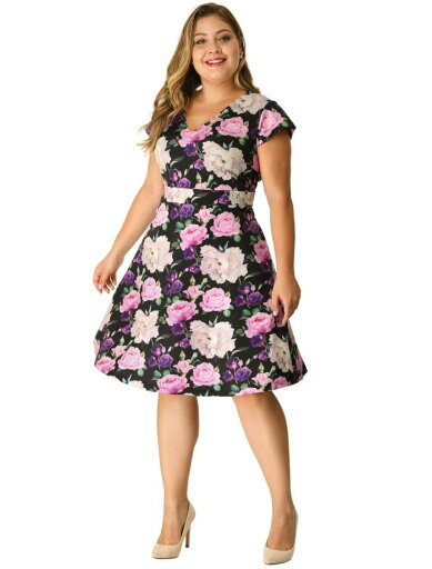 Agnes Orinda ワンピース 花柄 ドレス キャップスリーブ 膝上 プラスサイズ ディープVネック レディース ブラック 5XL Agnes Orinda ワンピース 花柄 ドレス キャップスリーブ 膝上 プラスサイズ ディープVネック レディース ブラック 5XL