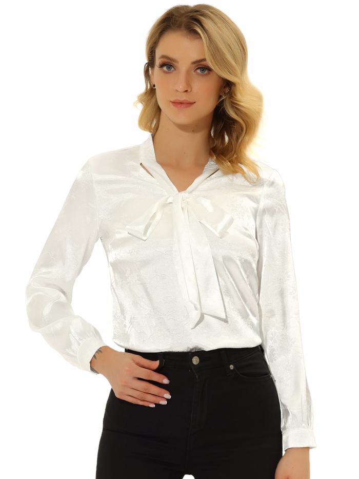 Allegra K ブラウス レディース 長袖 サテンブラウス リボン付き 水玉 シャツ オフィス カジュアル トップス 着痩せ 春秋 ボウタイブラウス エレガント 通勤 OL クリーミーホワイト XL