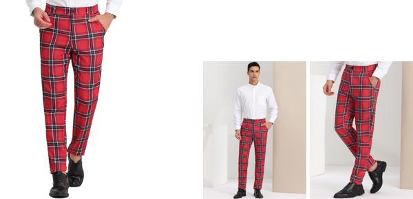 Lars Amadeus チェック柄パンツ チェックスーツ フラットフロント ストレッチ 伸縮性 カジュアル メンズ レッド 3XL