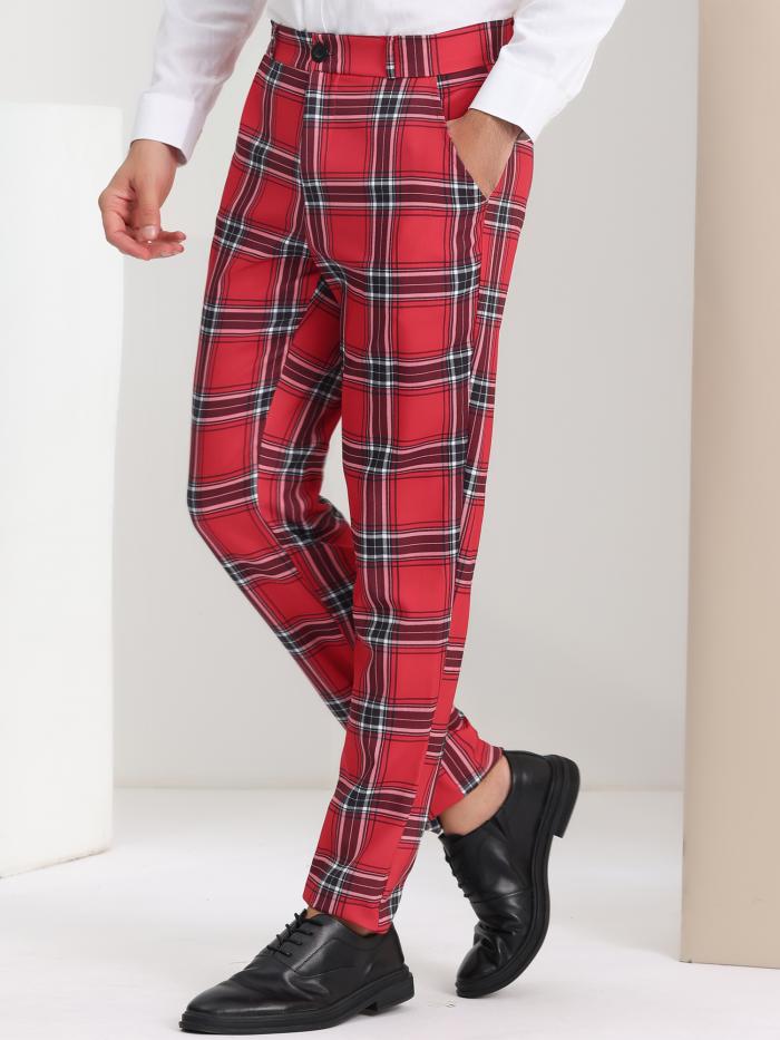 Lars Amadeus チェック柄パンツ チェックスーツ フラットフロント ストレッチ 伸縮性 カジュアル メンズ レッド 3XL