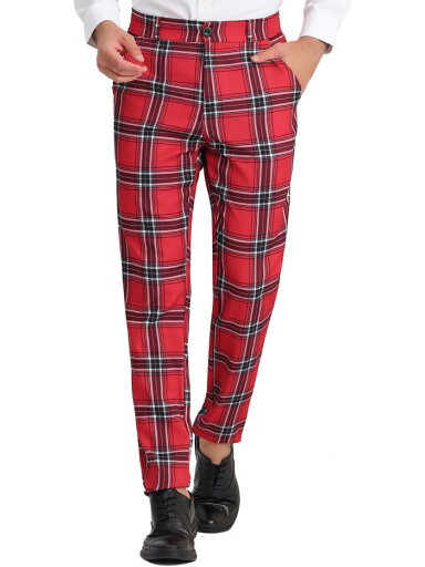 Lars Amadeus チェック柄パンツ チェックスーツ フラットフロント ストレッチ 伸縮性 カジュアル メンズ レッド 3XL Lars Amadeus チェック柄パンツ チェックスーツ フラットフロント ストレッチ 伸縮性 カジュアル メンズ レッド 3XL