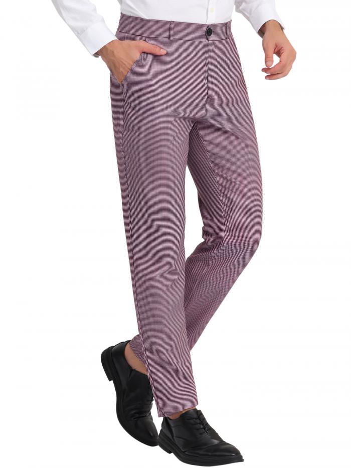 Lars Amadeus チェック柄パンツ チェックスーツ フラットフロント ストレッチ 伸縮性 カジュアル メンズ ダークピンク 3XL