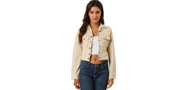 Allegra K クロップド ジャケット フェイクスエード 折襟 ボタンポケット付 無地 レディース ベージュ L