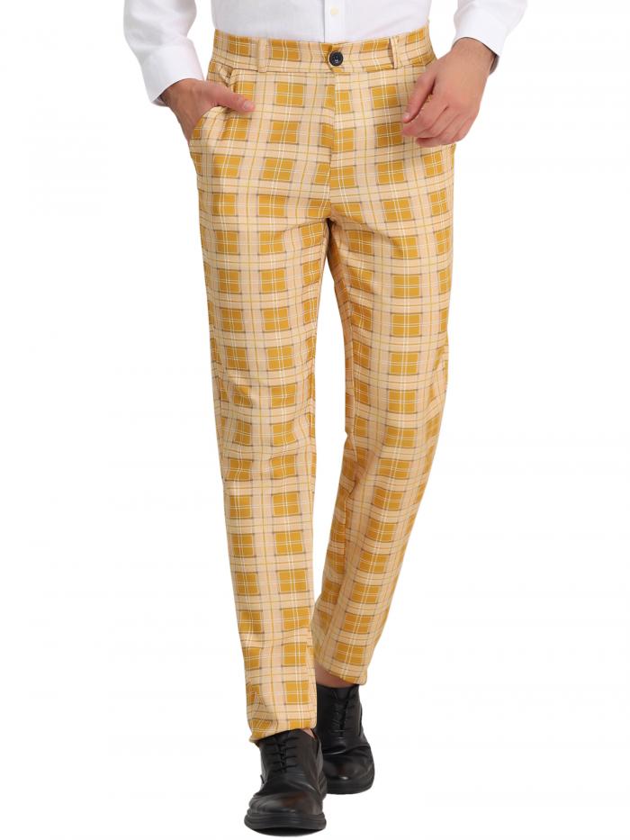 Lars Amadeus パンツ ビジネス チェック柄 軽量 ポケット フラットフロント チェック メンズ イエロー 30