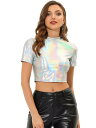 Allegra K クロップトップ モックネック パーティー 半袖Tシャツ メタリック レディース シルバー M(4)