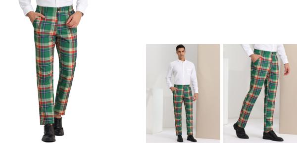 Lars Amadeus ロングパンツ カジュアルズボン 格子縞 チェック柄 ビジネス フィット フォーマル プロム メンズ グリーンレッド 34