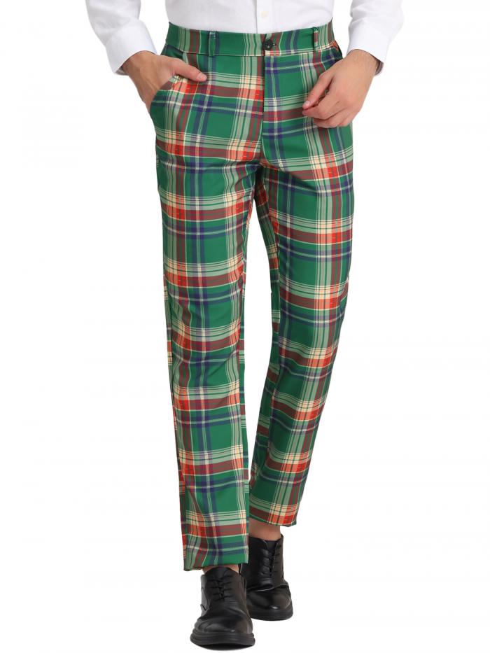 Lars Amadeus ロングパンツ カジュアルズボン 格子縞 チェック柄 ビジネス フィット フォーマル プロム メンズ グリーンレッド 34